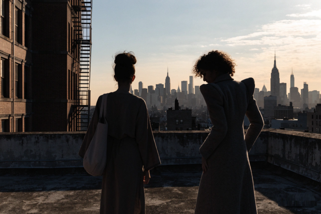 deux silhouettes féminines face à la ville évoquant les personnages d'Adèle Exarchopoulos et Zoë Kravitz