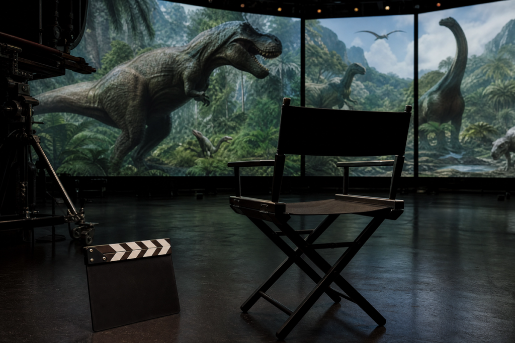 Fauteuil de réalisateur vide devant des écrans de tournage 