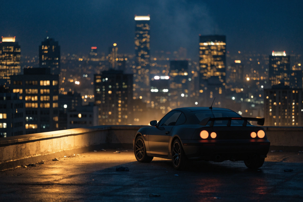 voiture de sport face aux lumières de la ville inspirée de la saga Fast Forever