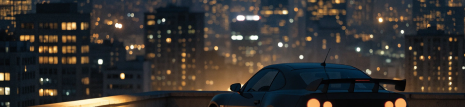 voiture de sport face aux lumières de la ville inspirée de la saga Fast Forever