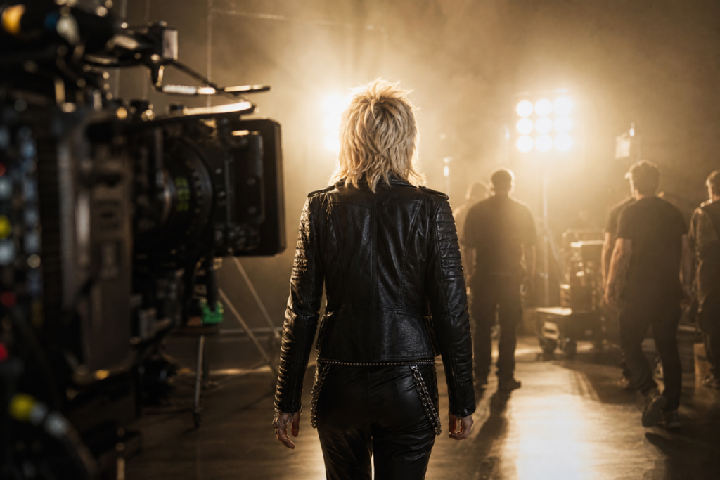 Femme blonde marchant vers un plateau de tournage hollywoodien