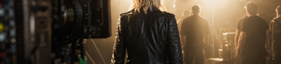 Femme blonde marchant vers un plateau de tournage hollywoodien