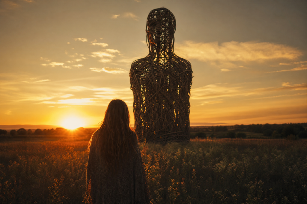 Femme de dos face à une grande sculpture humaine en osier