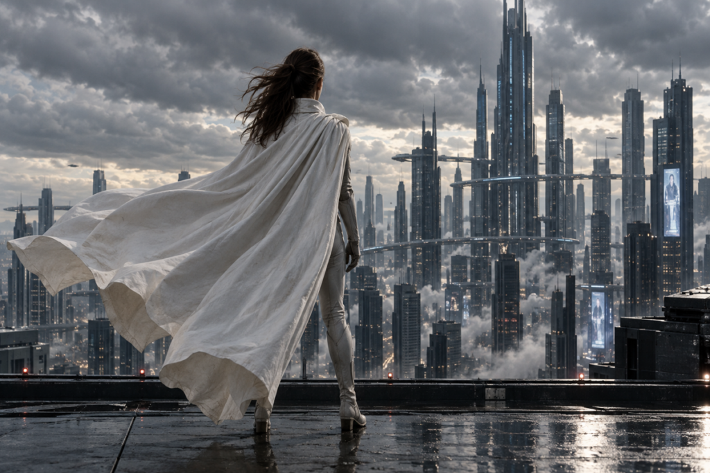 Femme vue de dos sur un toit futuriste