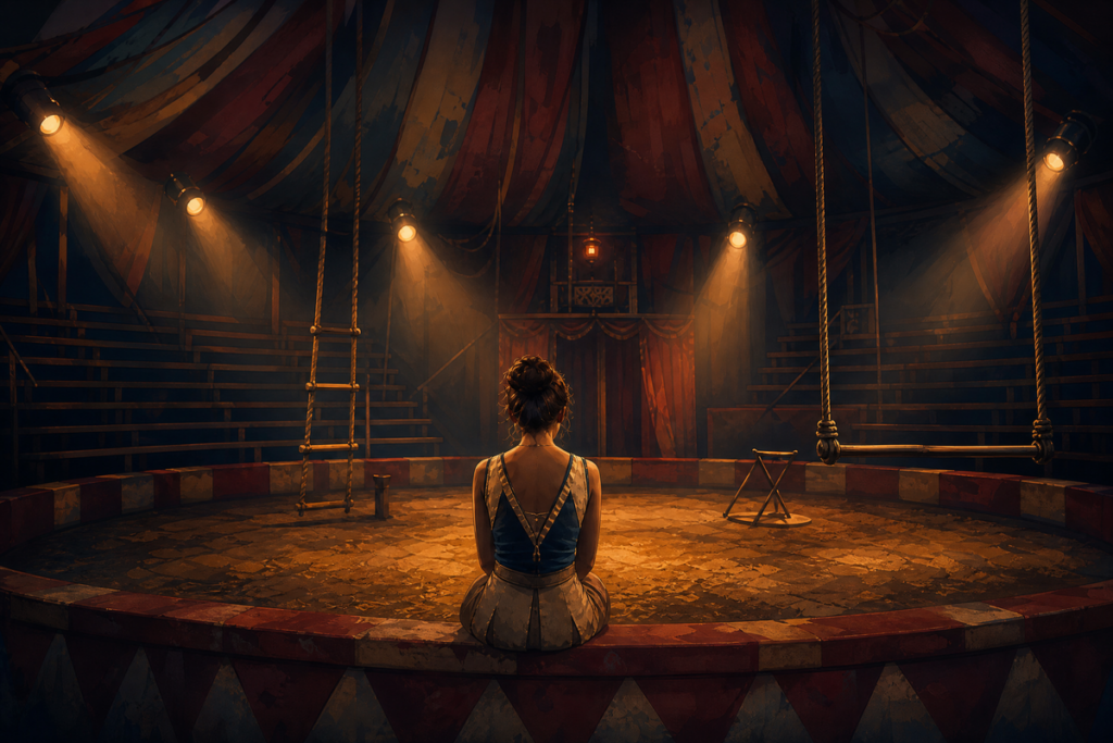 Fille assise de dos sur le bord d’une piste de cirque