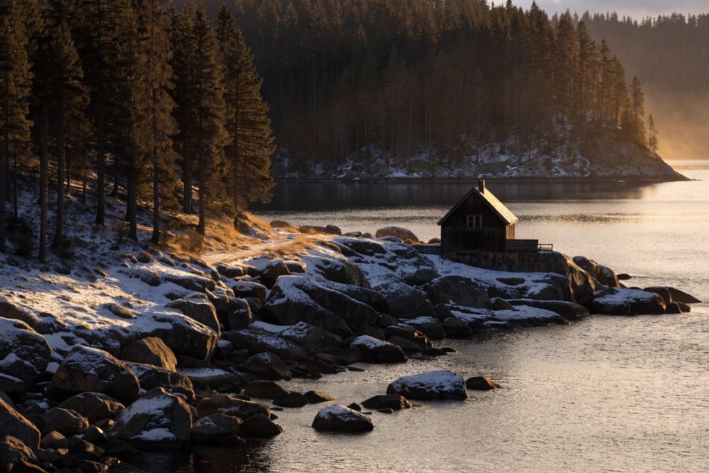 maison isolée au bord d'un fjord évoquant le film Fjord