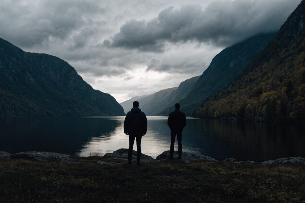 deux silhouettes de dos face aux eaux norvégiennes