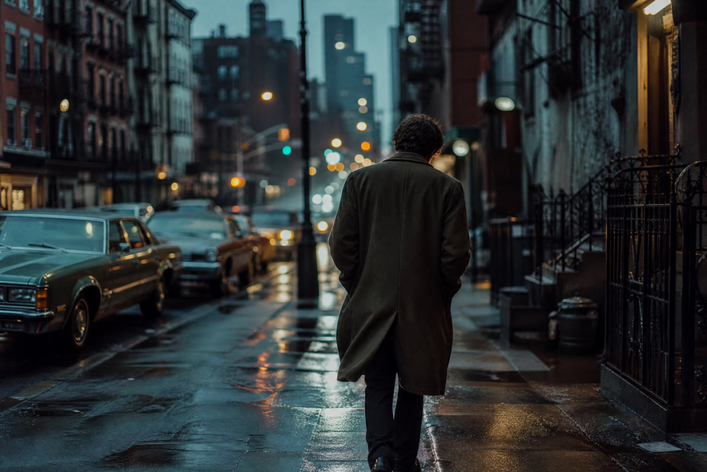 Homme marchant dans les rues de New York des années 1980