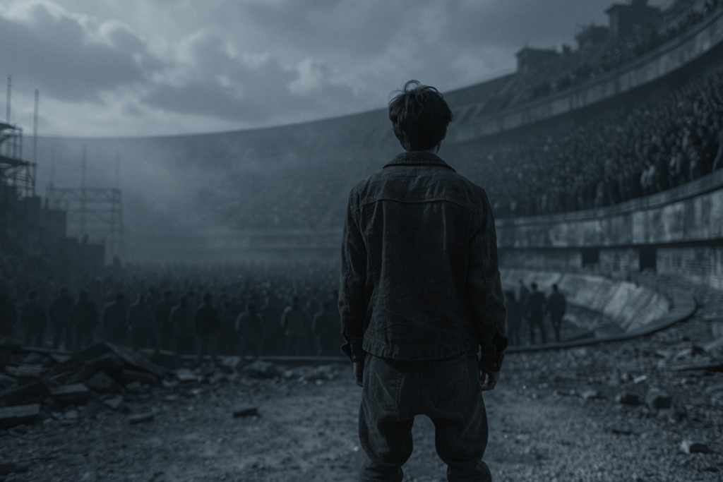Silhouette de dos d'un tribut face à l'arène des 50e Hunger Games