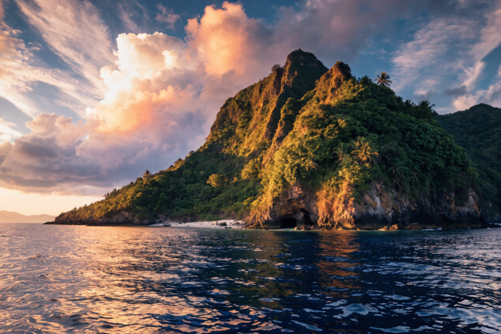 Île tropicale au coucher du soleil évoquant le décor de L'Île au Trésor
