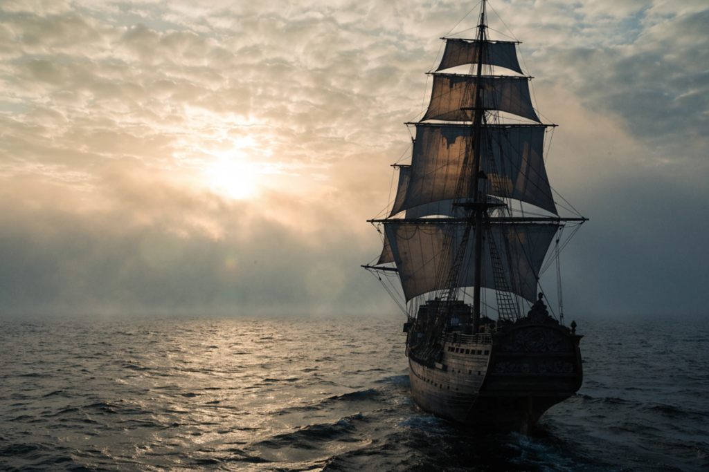 Voilier ancien naviguant vers l’horizon, évoquant L'Île au Trésor