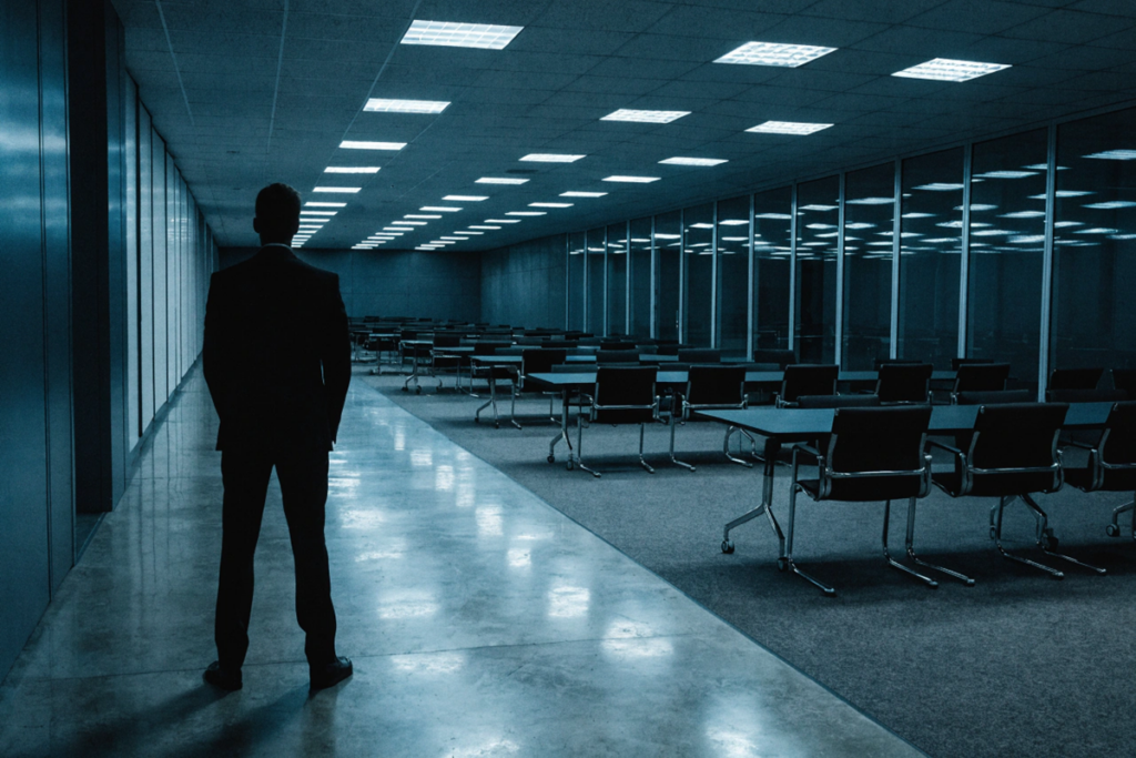 Silhouette d'un homme dans une immense salle de conférence évoquant The Social Reckoning