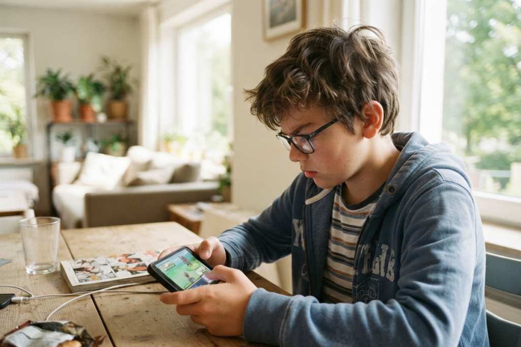 Un jeune joueur sur son smartphone