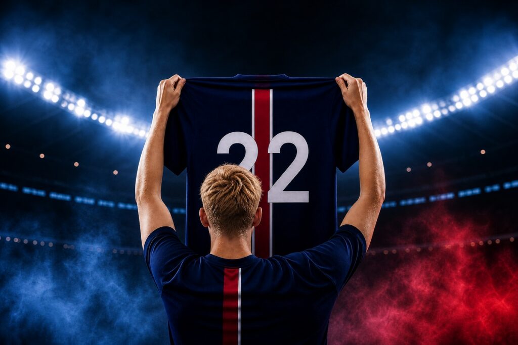 Un joueur tenant un maillot du PSG