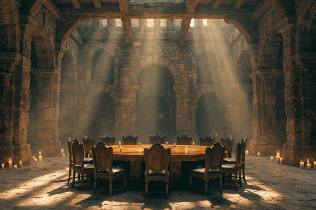 Table ronde vide dans une salle médiévale, décor symbolique de Kaamelott