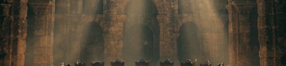 Table ronde vide dans une salle médiévale, décor symbolique de Kaamelott
