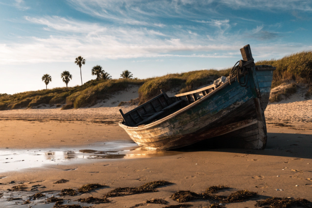 Bateau échoué sur une plage sauvage au coucher du soleil