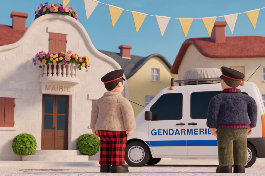 Fourgon de gendarmerie devant une mairie, évoquant la comédie Les Gendarmes