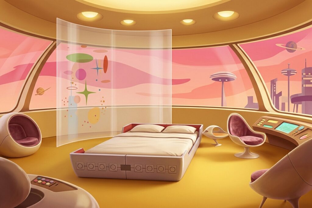 Intérieur futuriste d'une maison d'Orbit City inspirée du film Les Jetsons