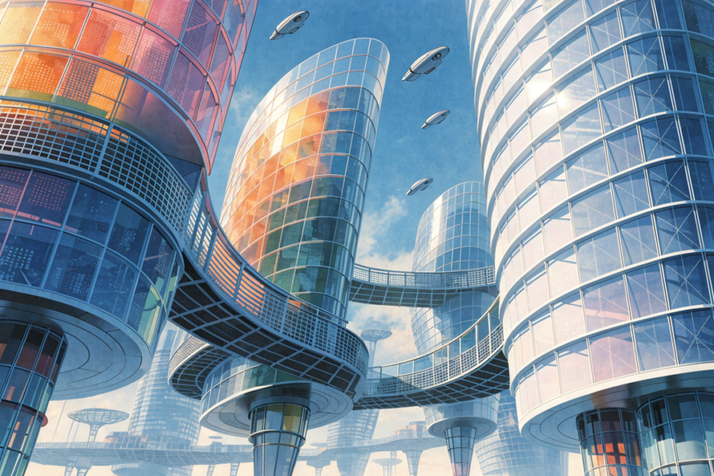Cité futuriste flottante inspirée de l'univers du film Les Jetsons avec Jim Carrey