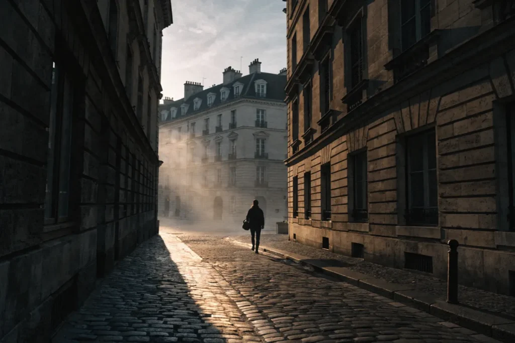 Silhouette dans une ruelle parisienne nocturne évoquant L'Inconnue