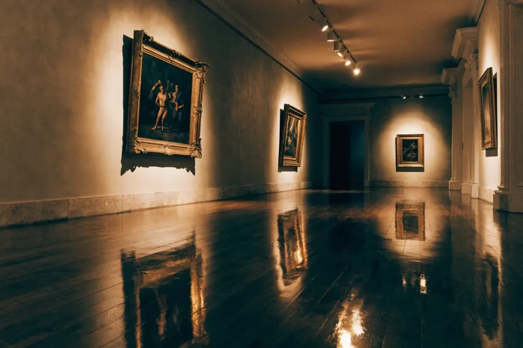 galerie de musée parisien dans l'atmosphère de la série Lupin saison 4