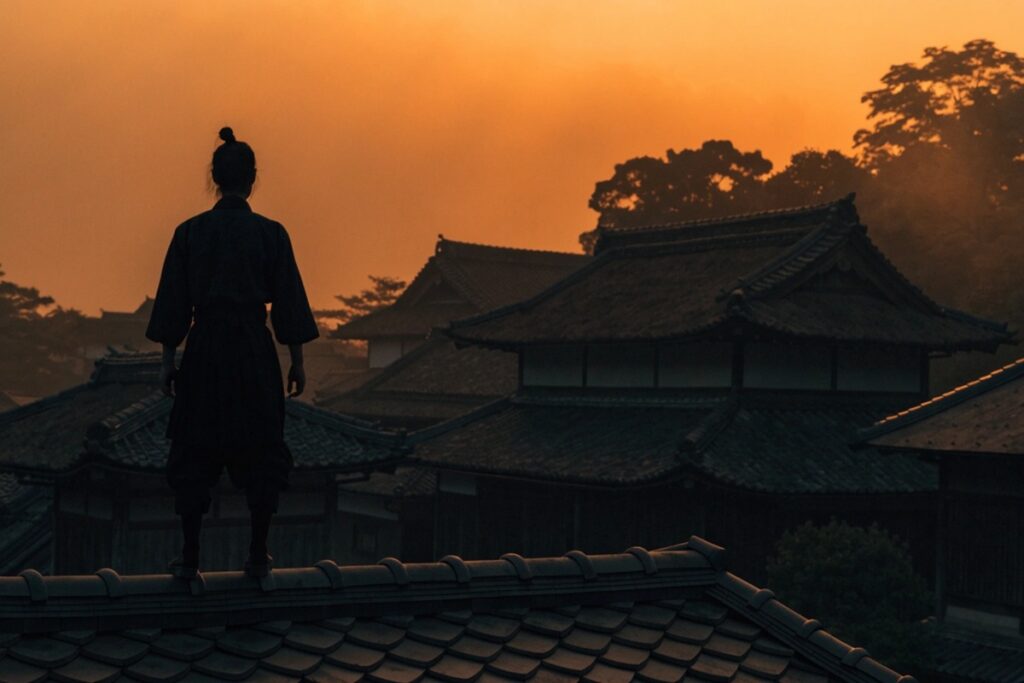 Silhouette d'un ninja sur un toit au crépuscule évoquant Naruto live-action
