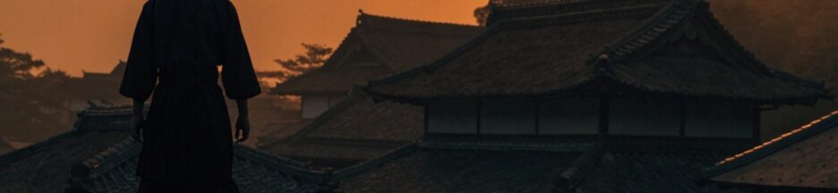 Silhouette d'un ninja sur un toit au crépuscule évoquant Naruto live-action