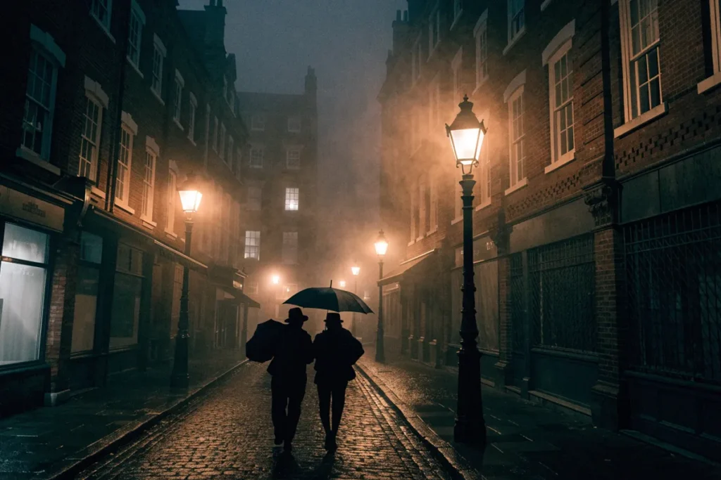 rue londonienne brumeuse dans l'ambiance de la série Only Murders in the Building saison 6