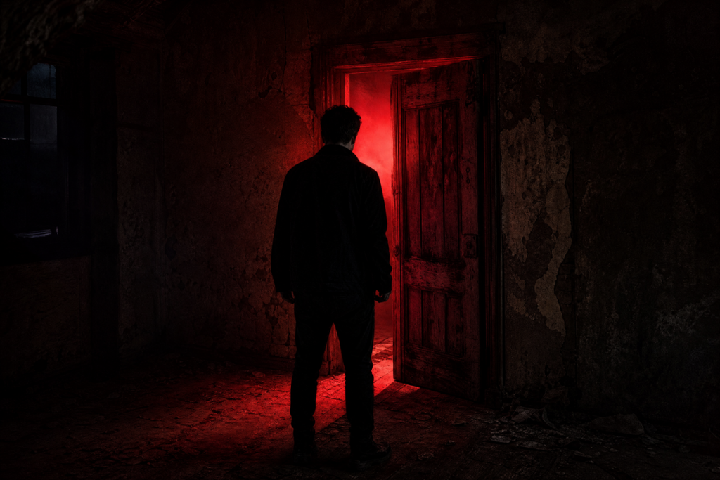 Personne de dos face à une porte ancienne entrouverte