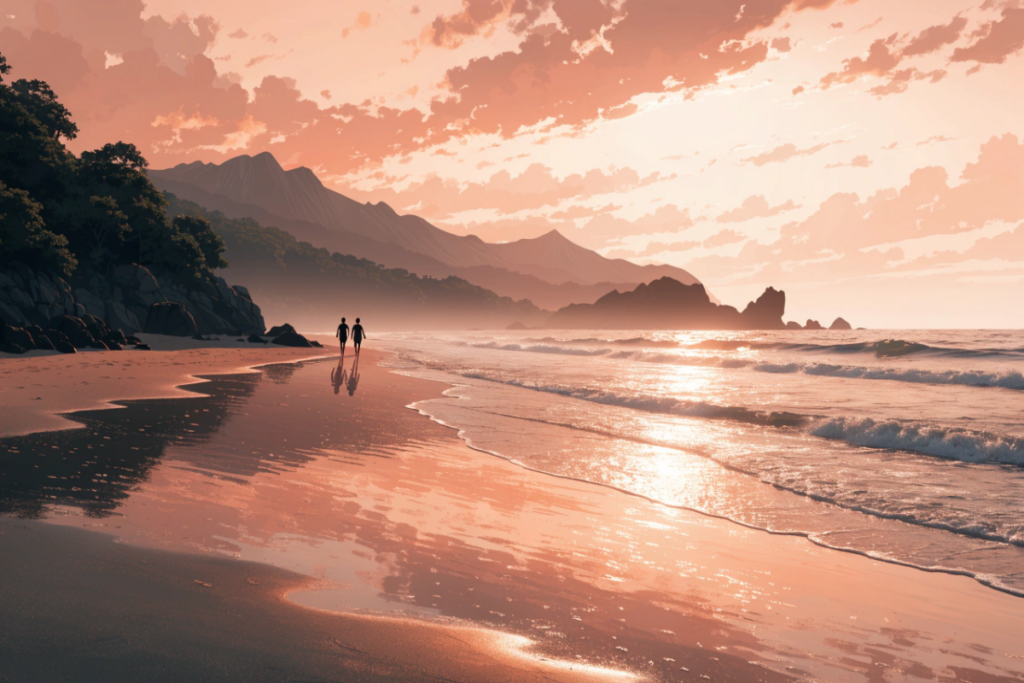 Une plage estivale au coucher du soleil évoquant This Summer Will Be Different