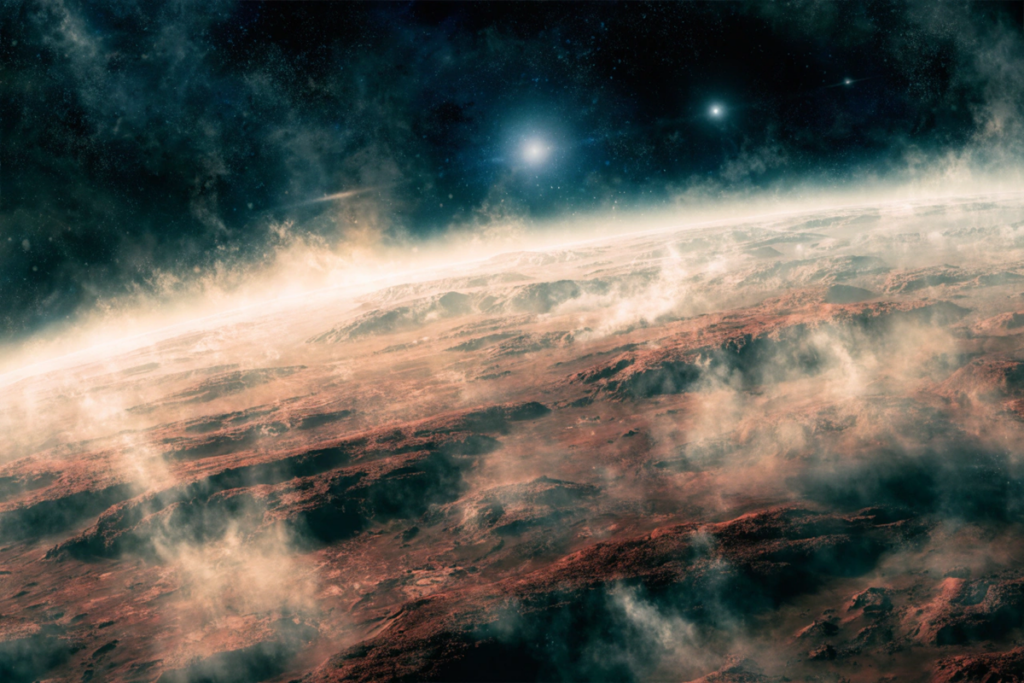 couloir spatial sombre éclairé en rouge évoquant l'atmosphère de la saga Alien