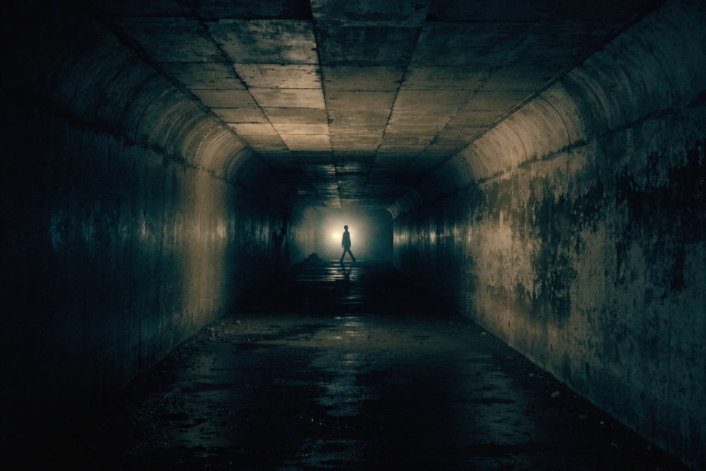silhouette de dos dans un couloir sombre évoquant Possession 2027