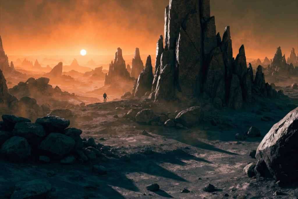 Un paysage désertique hostile évoquant Predator Badlands
