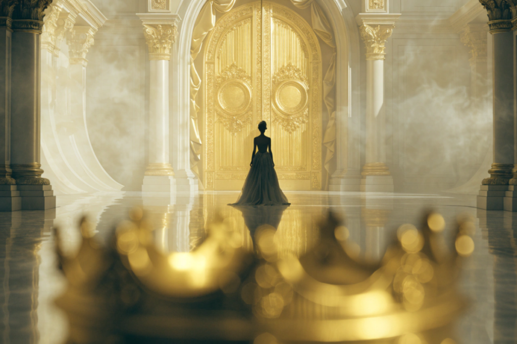 Silhouette d’une Princesse devant une porte évoquant Princess Diaries 3