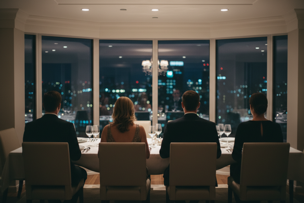 Quatre personnes assis autour d’une élégante table de dîner
