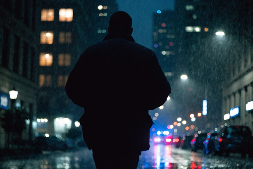 Un homme seul dans une rue de Philadelphie pluvieuse, ambiance Reacher saison 4
