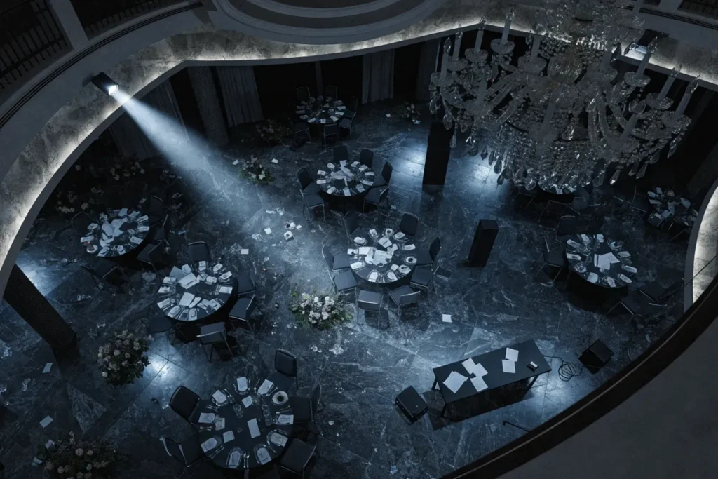 Grande salle de gala de charité avec tables et décoration luxueuse