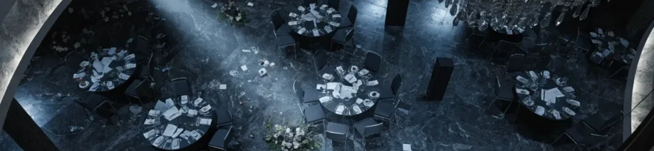 Grande salle de gala de charité avec tables et décoration luxueuse