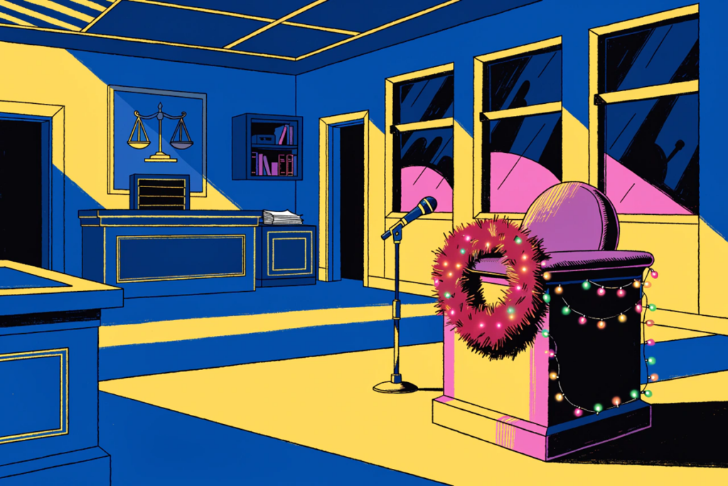 salle d'audience avec décorations de Noël absurdes dans une comédie hivernale