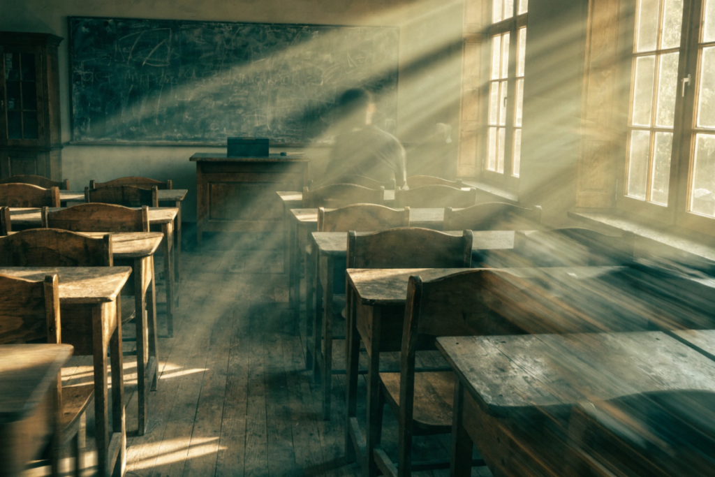 Salle de classe vide évoquant l'univers de Ducobu et Elie Semoun