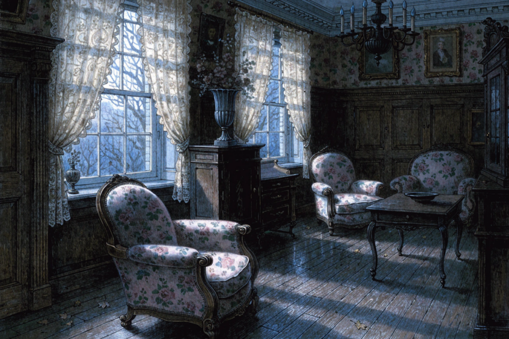 salon anglais du XIXe siècle dans une atmosphère romantique évoquant Raison et Sentiments