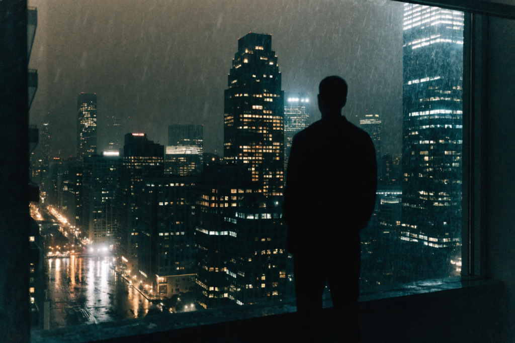 silhouette de dos face à une ville nocturne dans l'univers de Scapegoat A24