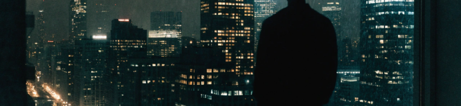 silhouette de dos face à une ville nocturne dans l'univers de Scapegoat A24