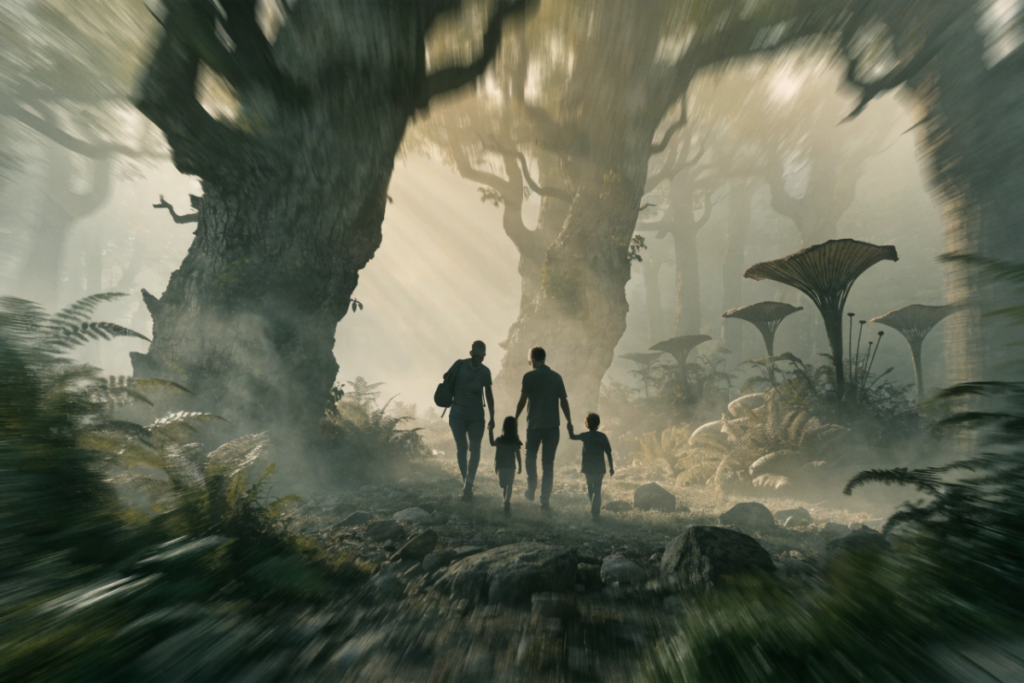 Silhouette de famille explorant un environnement inconnu et hostile rappelant La Fin d'Oak Street
