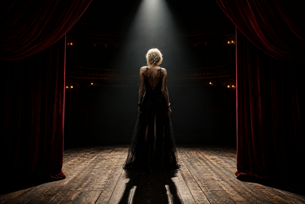 Silhouette féminine blonde sur une scène de théâtre