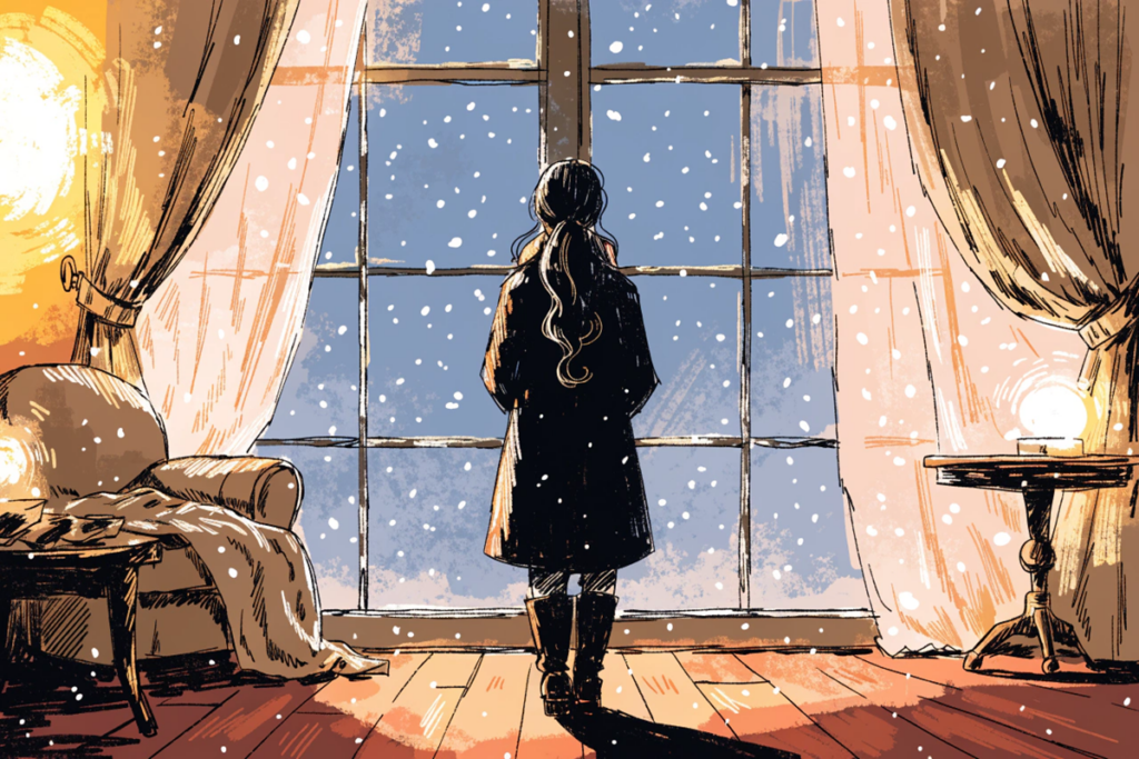 silhouette féminine de dos devant une fenêtre enneigée dans une comédie de Noël