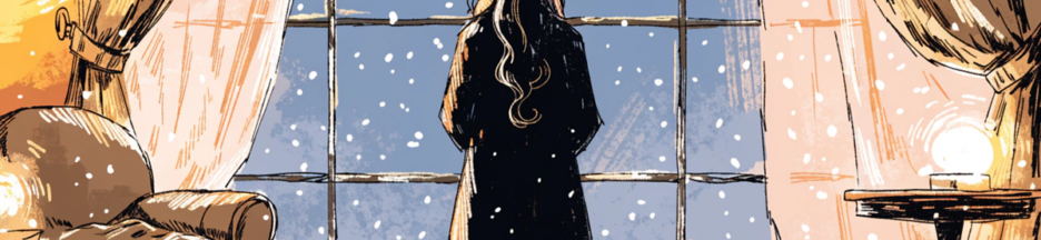 silhouette féminine de dos devant une fenêtre enneigée dans une comédie de Noël
