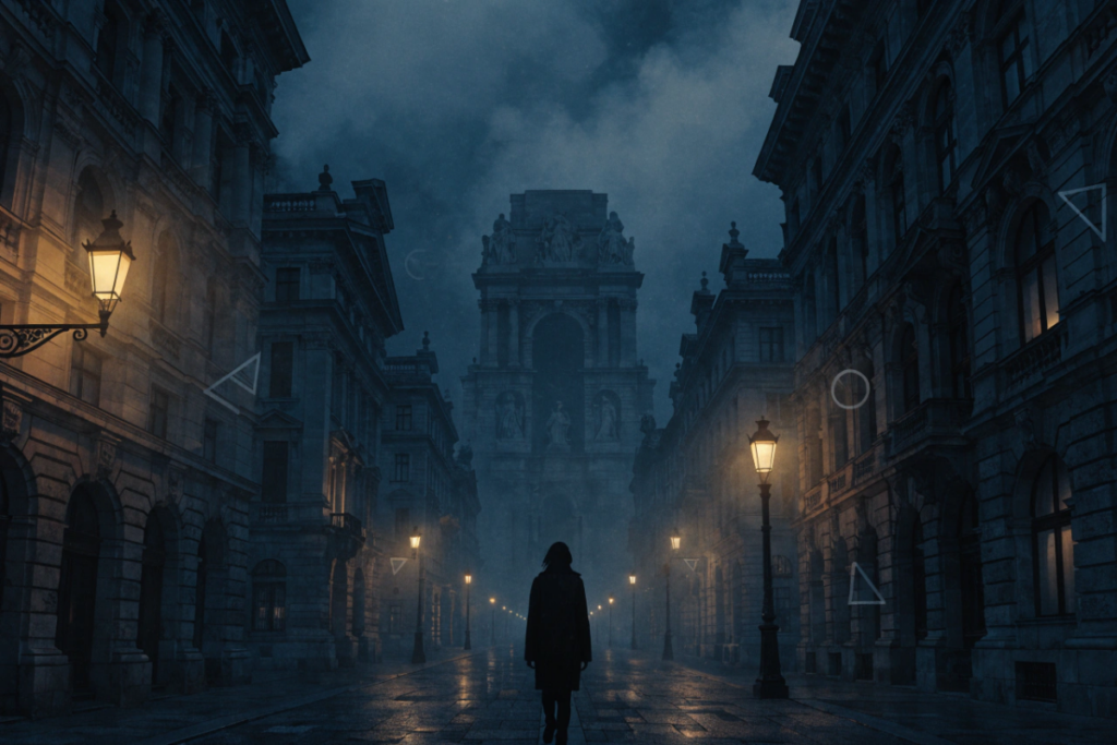 Une silhouette explorant une ville la nuit sur fond de symboles anciens