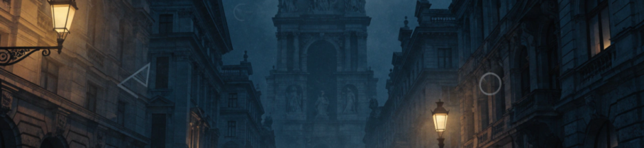 Une silhouette explorant une ville la nuit sur fond de symboles anciens